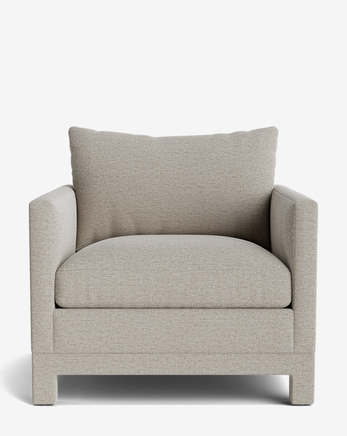 The Appoline Lounge Chair from our Upholstery Collection features light beige fabric, square arms, a thick cushioned seat, and a plush back pillow, shown against a plain white background by McGee & Co.