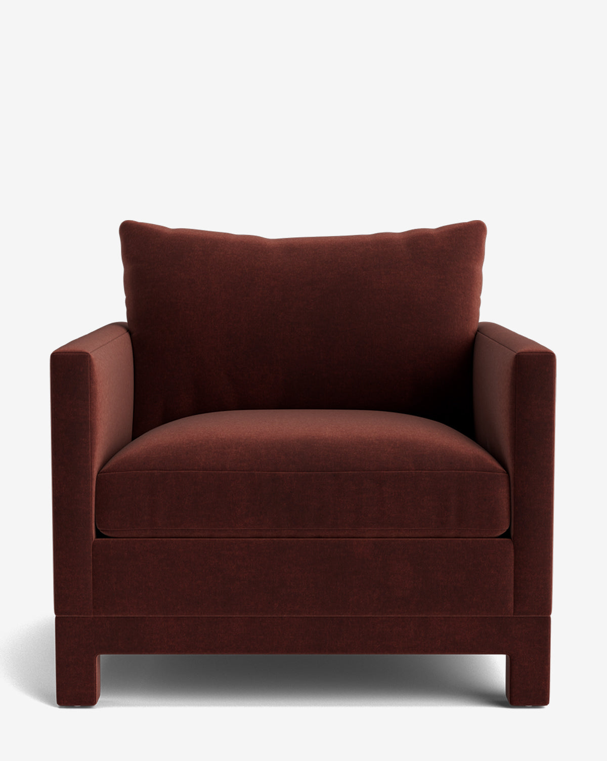 The Appoline Lounge Chair is a large, deep-seated modern chair in dark brown upholstery with straight armrests, a thick cushioned seat, and a matching backrest from our Upholstery Collection, shown against a plain white background by McGee & Co.