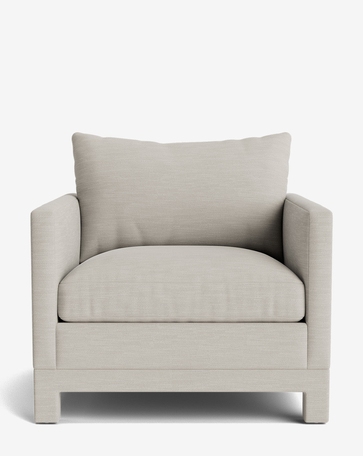 The Appoline Lounge Chair from our Upholstery Collection features light beige made-to-order upholstery, a thick seat cushion, large back pillow, straight armrests, and a simple wooden base for a modern look, by Vendixs