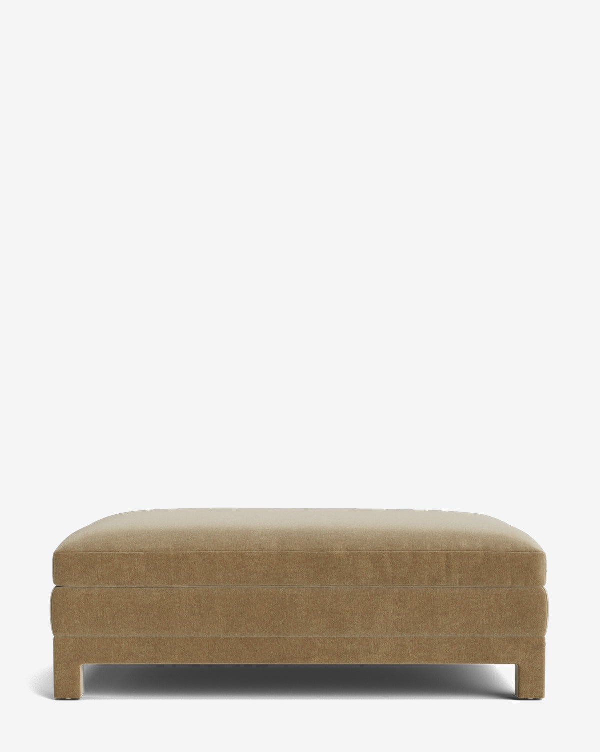 The Appoline Ottoman features a rectangular shape, tan upholstery, a simple modern design, and short legs, making it a stylish contemporary accent for any space, by McGee & Co. Shown against a plain white background.