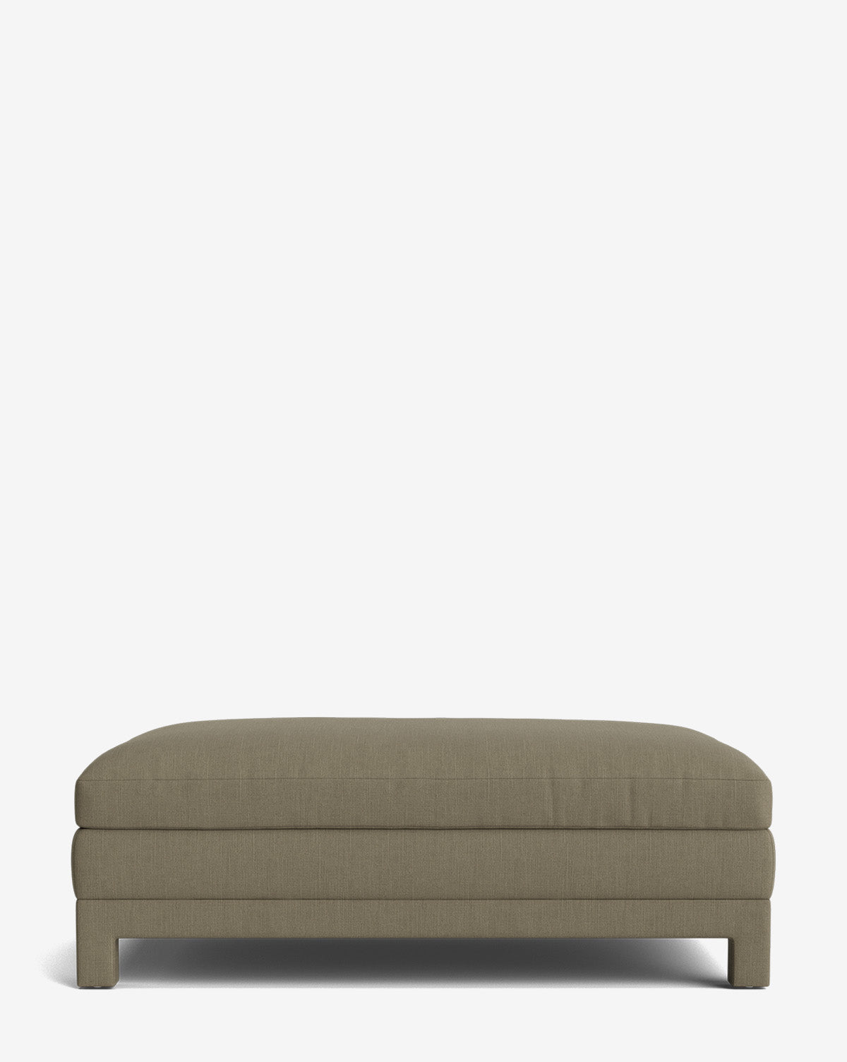 The Appoline Ottoman is a rectangular, light olive-green upholstered piece with simple lines and short wooden legs, shown from the front against a plain white background by McGee & Co.