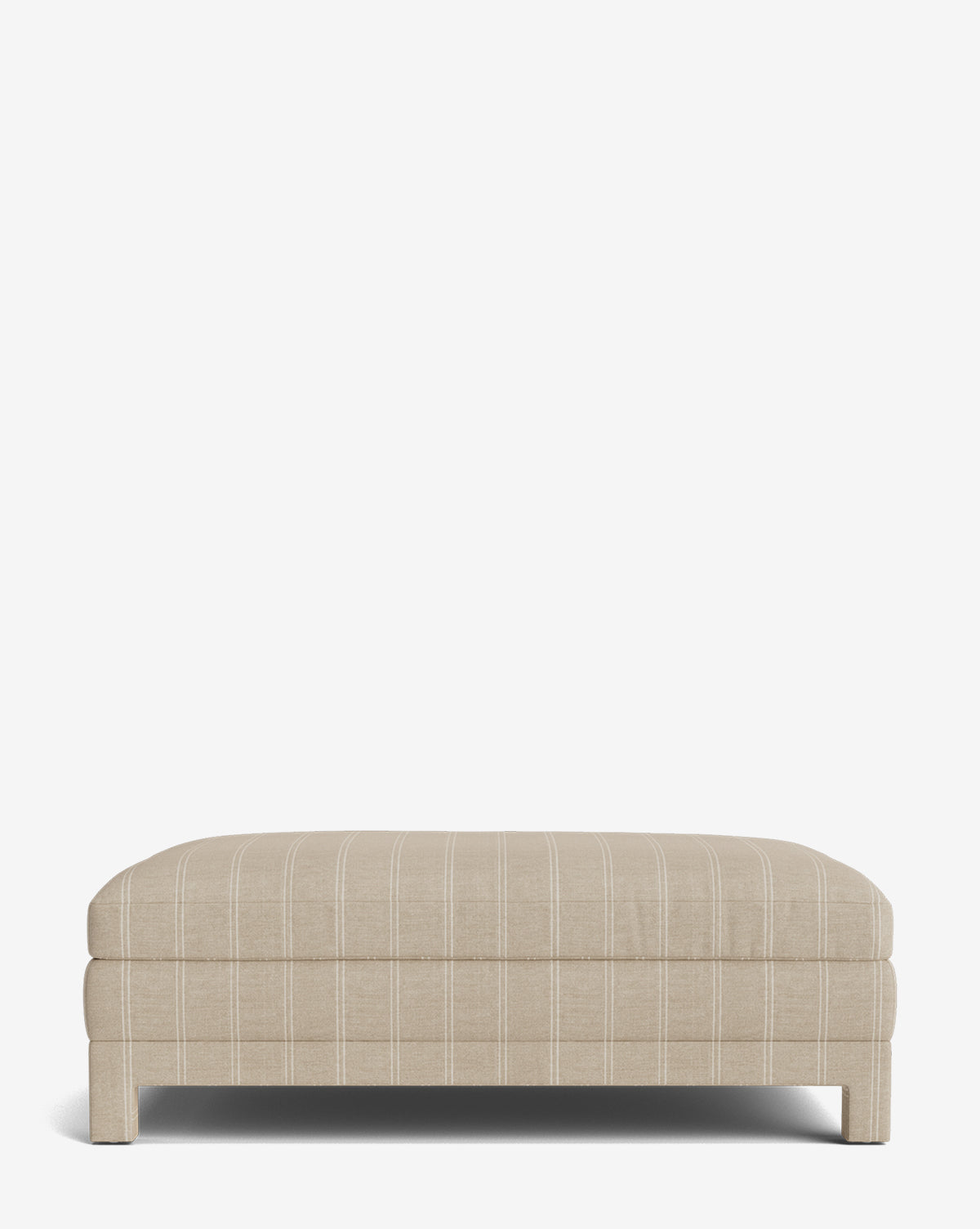 The Appoline Ottoman is a rectangular beige upholstered piece with subtle vertical and horizontal stripes and short legs, shown here against a plain white background by McGee & Co.