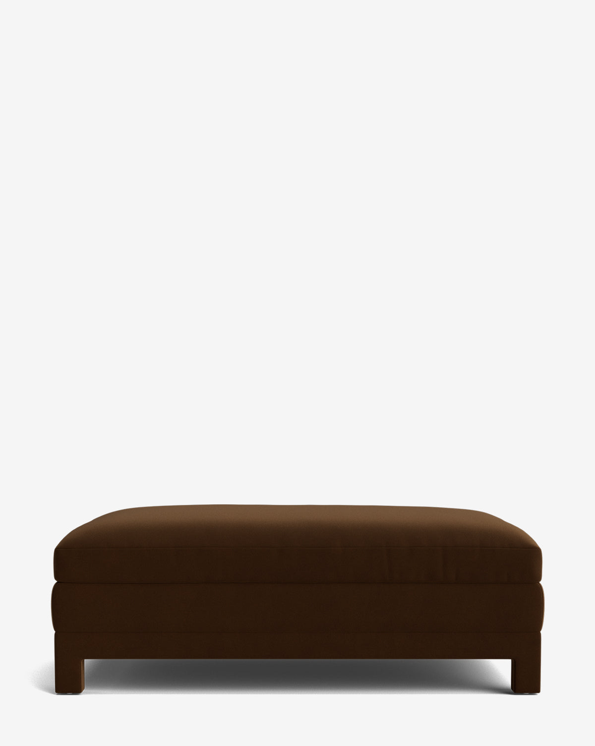 The Appoline Ottoman is a large, rectangular modern piece with dark brown upholstery and short legs, displayed against a plain white background, by Vendixs