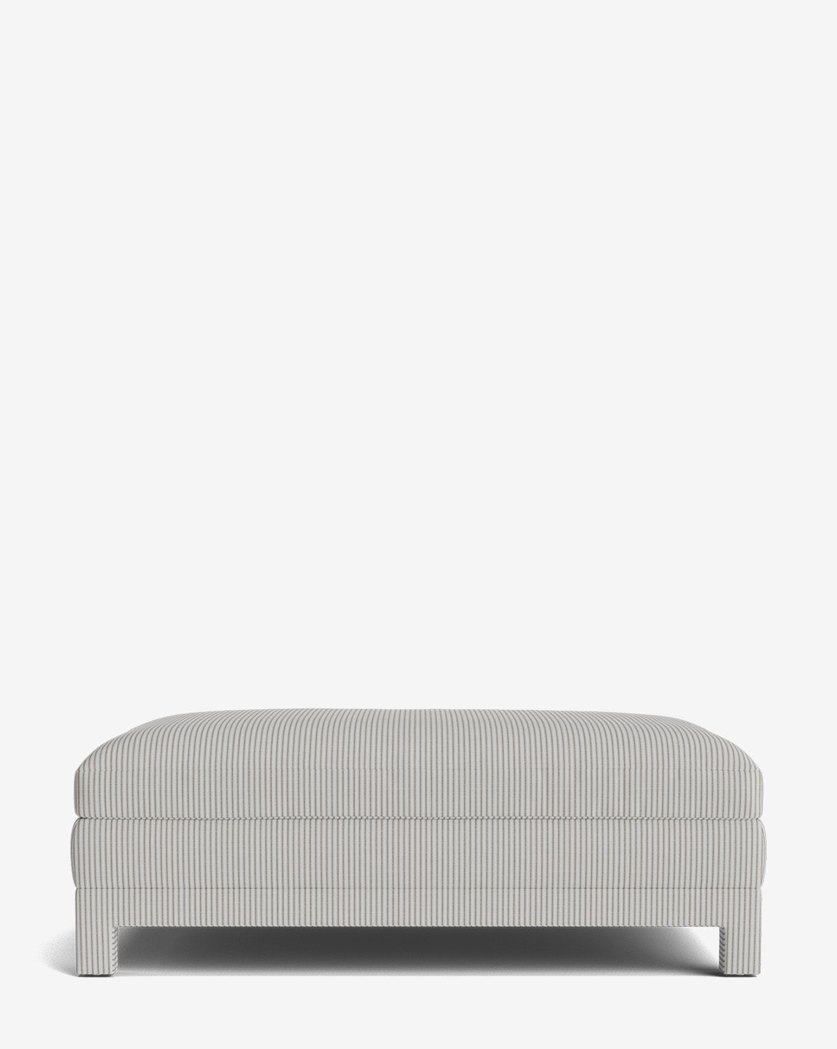 The Appoline Ottoman features a modern design with short legs and light gray and white vertical pinstripes. Made to order, this upholstered ottoman adds streamlined comfort and style to any space, by Vendixs Shown against a plain white background, by Vendixs
