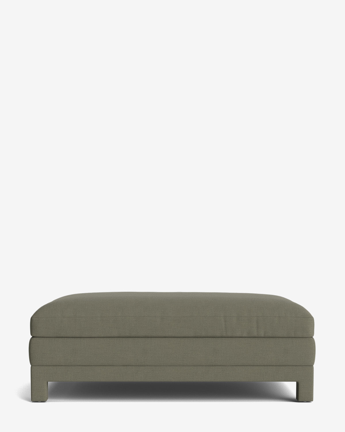The Appoline Ottoman features a rectangular shape, olive green color, modern design with simple, clean lines and short legs, shown against a plain white background by McGee & Co.