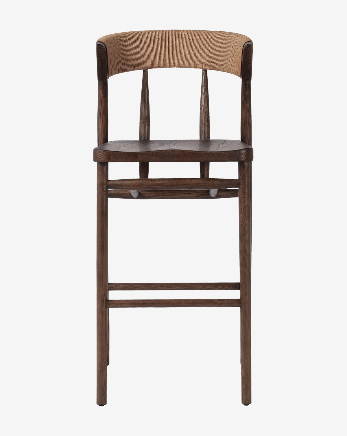 The Ardent Stool by Four Hands features a solid oak frame, dark brown seat and legs, a curved backrest, and light woven detailing—ideal for any modern kitchen bar. Vendixs