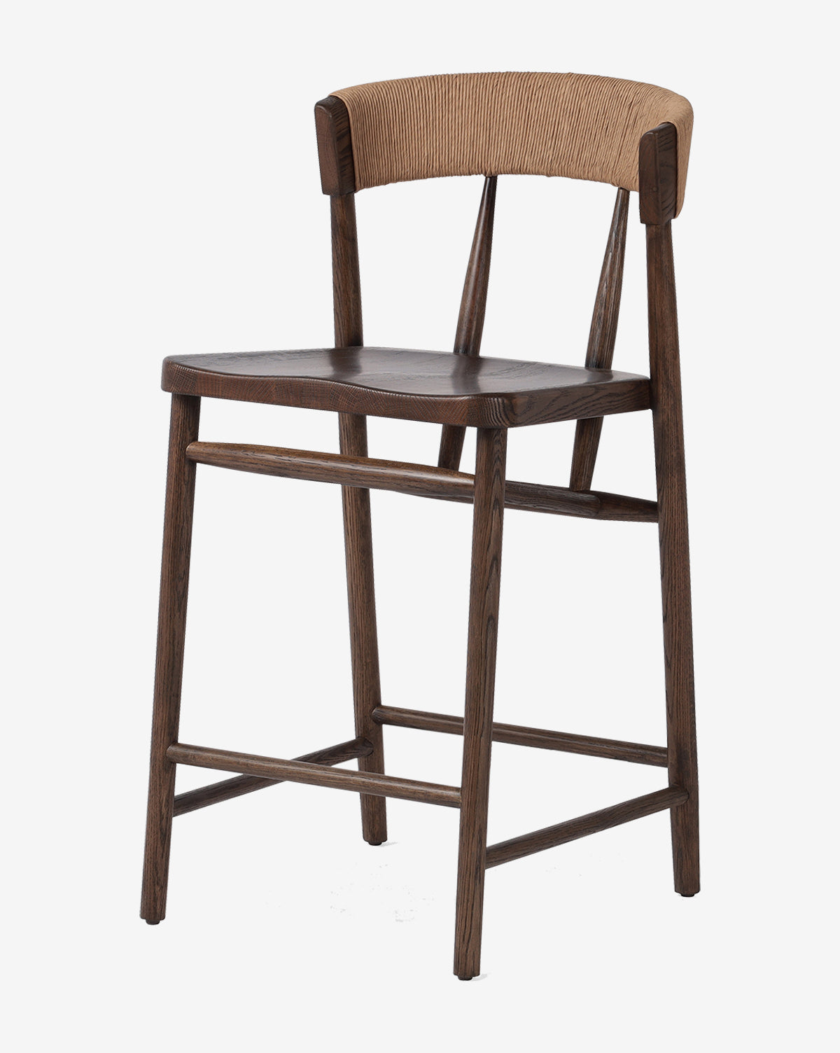 The Ardent Stool by Four Hands features a modern wooden design with dark wood seat and legs, plus a curved, light tan woven natural paper rush backrest for minimalist style. Vendixs