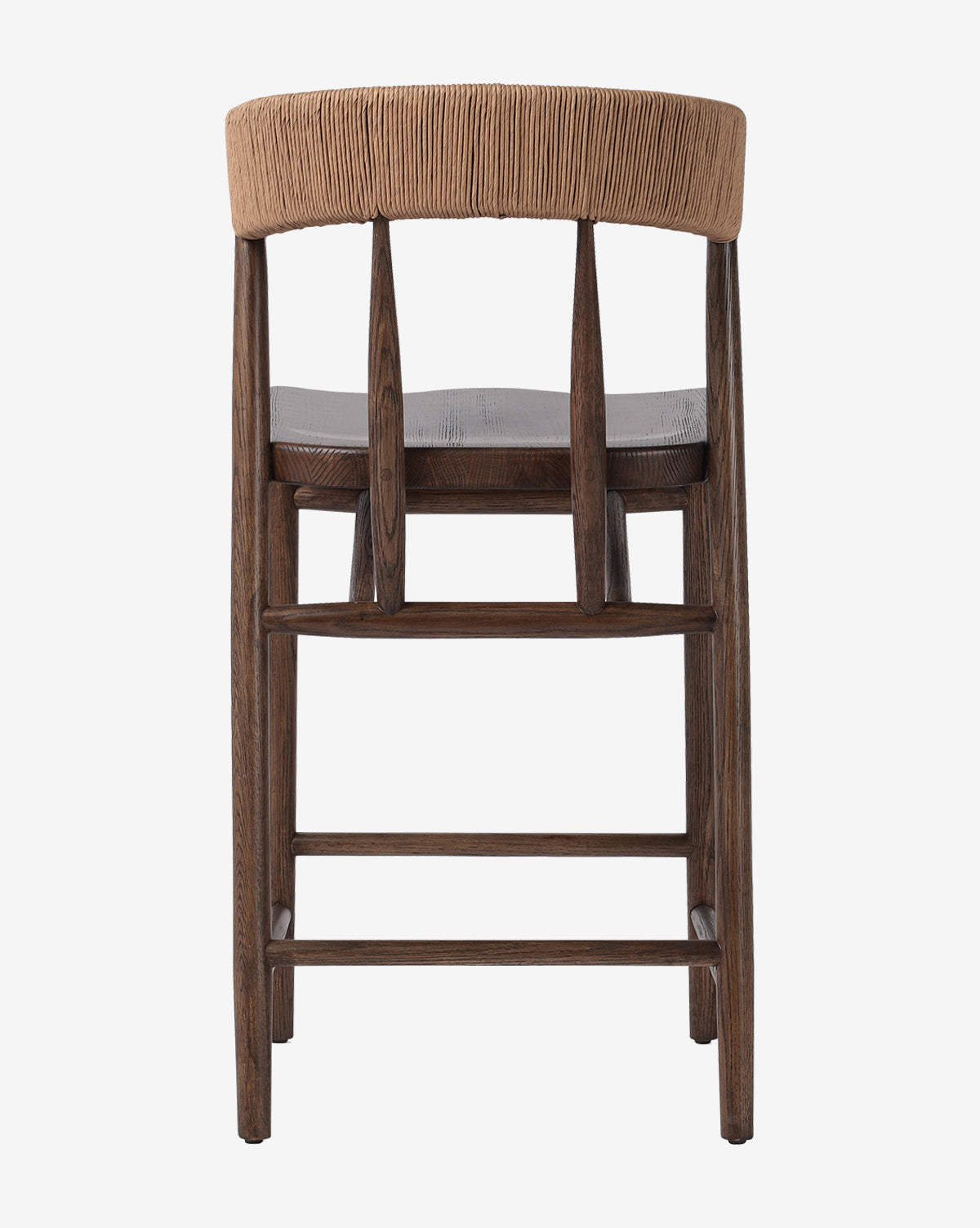 The Ardent Stool by Four Hands features an oak frame, dark brown legs, a woven natural paper rush backrest, and a smooth dark seat, shown from the back against a plain white background. Vendixs