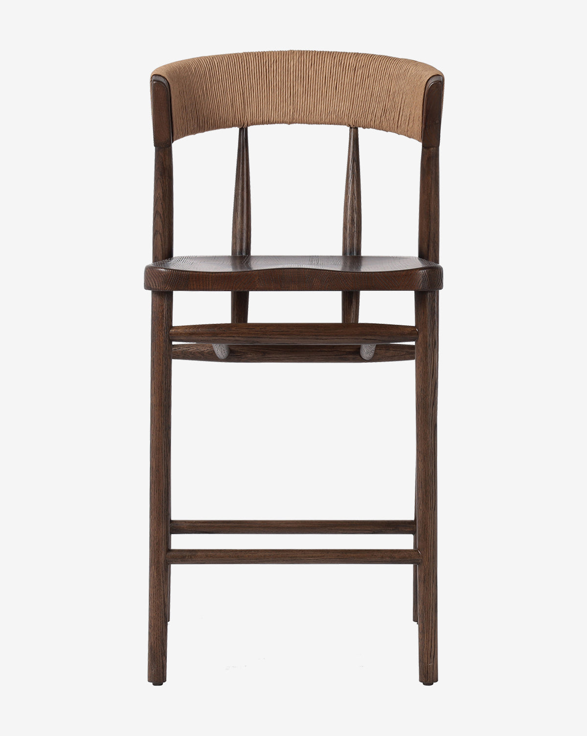 Front view of the Ardent Stool by Four Hands, featuring an oak frame, woven natural paper rush backrest, and two vertical slats connecting the seat to the curved back. Vendixs