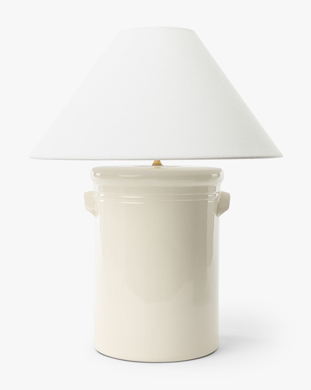 The Arles Table Lamp showcases a cream ceramic base with minimalist handles and a wide white conical shade, making it an elegant addition to your home lighting, by Vendixs