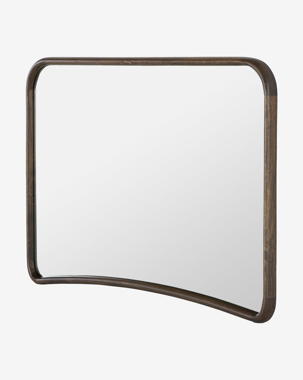 The Arvid Wall Mirror features a rectangular solid mango wood frame in an aged brown finish, with rounded corners and a subtly curved bottom edge, by Vendixs Set against a plain white background.
