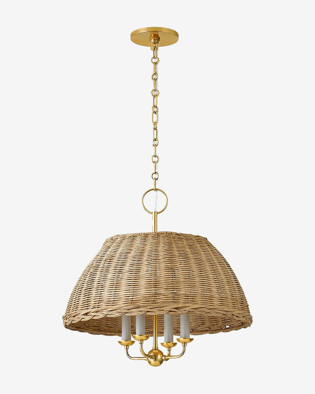 The Arwen Chandelier by Hudson Valley Lighting features a woven rattan dome shade, gold chain and fixture, and four candle-style bulbs—combining natural texture and modern elegance to warm any space. Vendixs