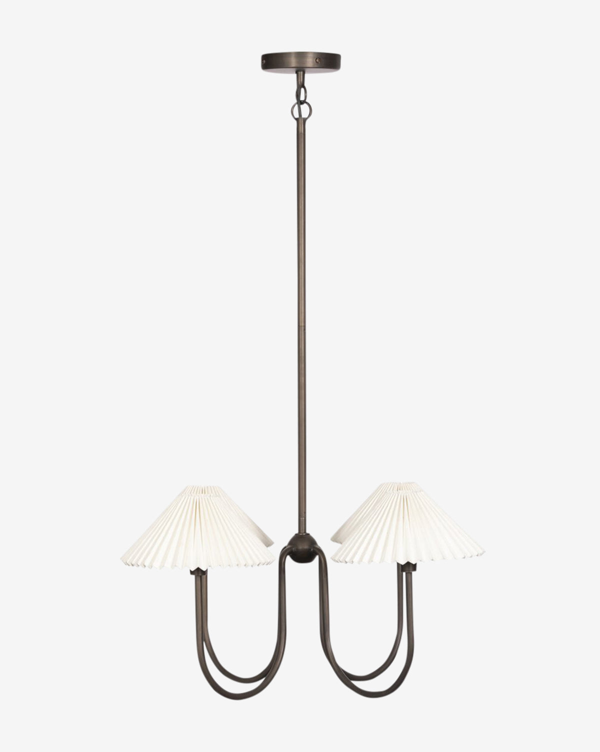The Ashby Chandelier by Four Hands features two modern black arms with pleated white linen shades, suspended from a ceiling mount by a straight rod, shown against a plain white background. Vendixs