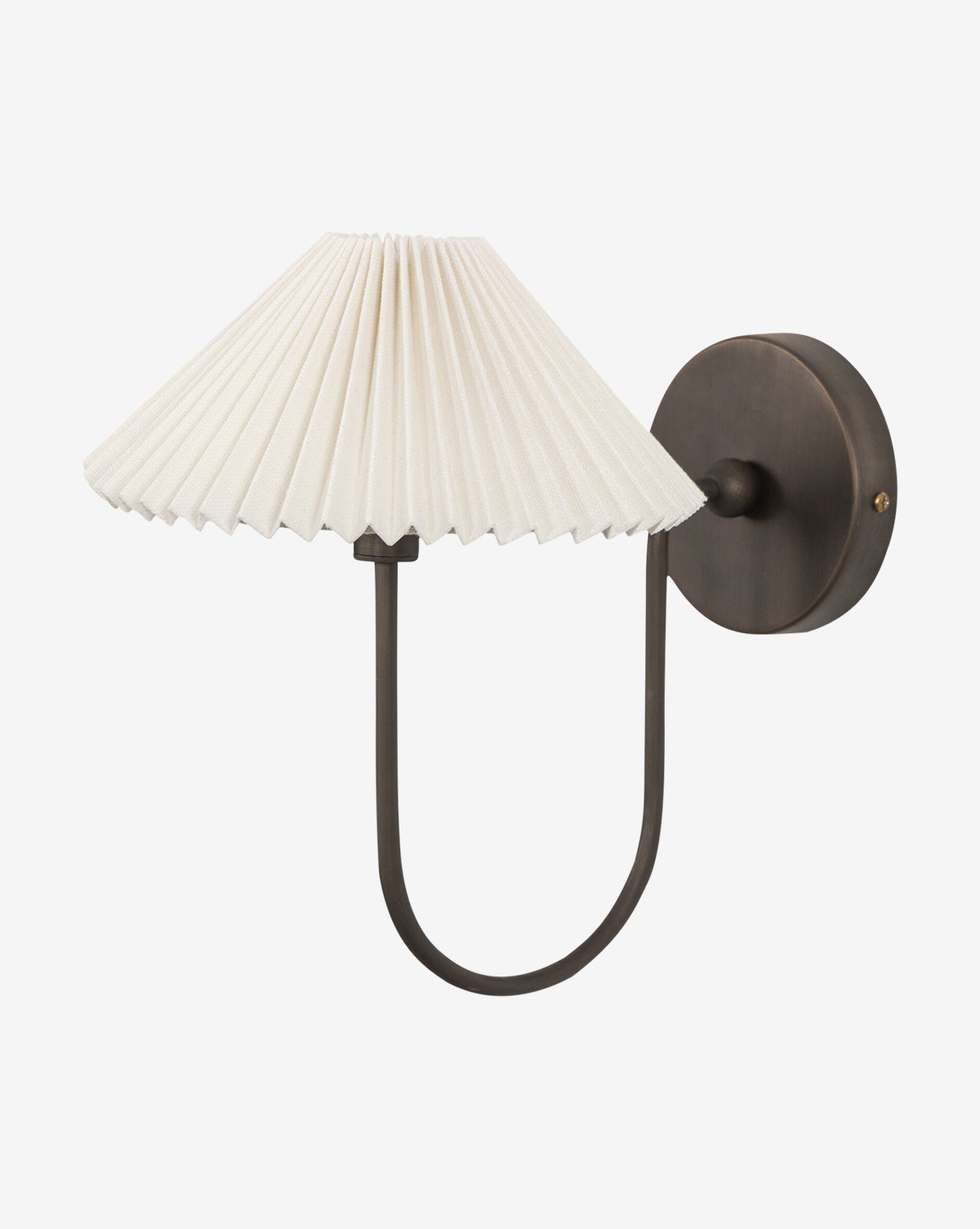 The Ashby Single Sconce by Four Hands features a dark oil-rubbed bronze U-shaped metal arm, round base, and a white pleated linen shade by Vendixs