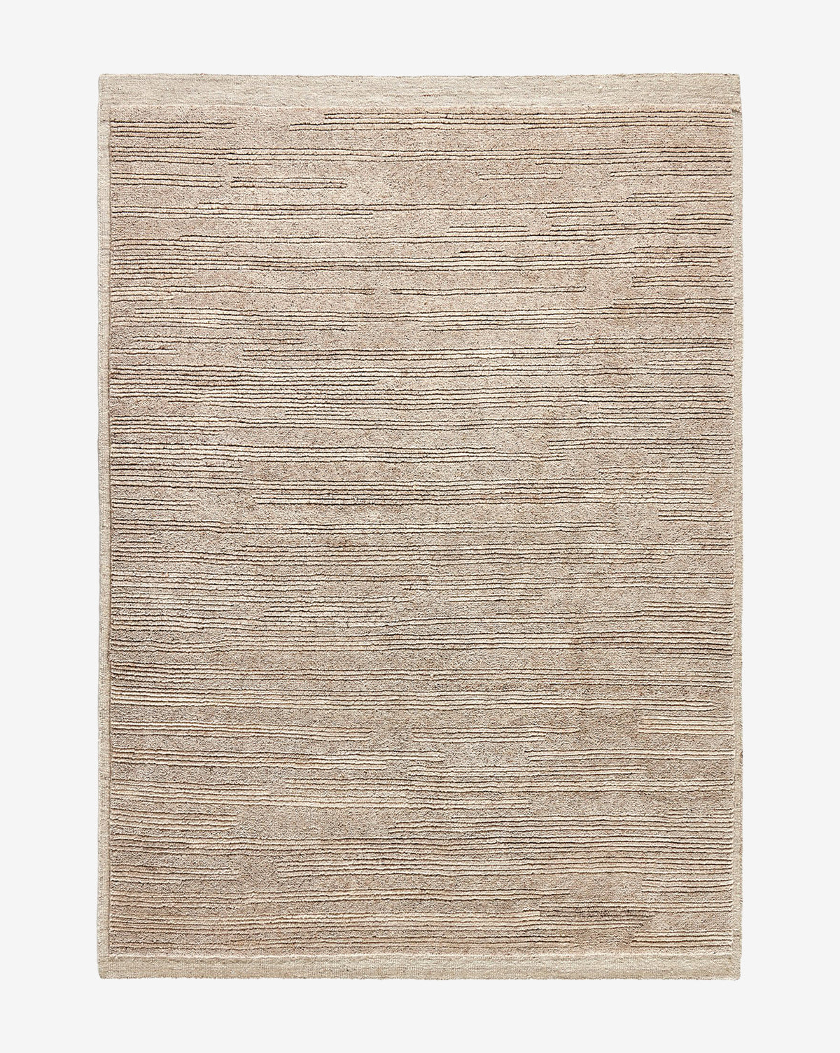 The Ashwin Hand-Knotted Wool Rug is a rectangular beige area rug with a textured horizontal line pattern, offering a soft, woven surface and a simple, modern design in a neutral palette, by Vendixs