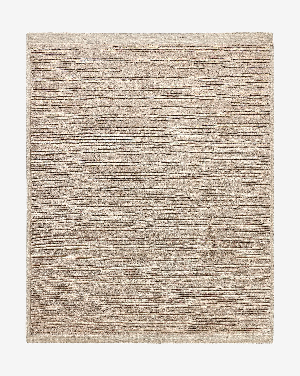 The Ashwin Hand-Knotted Wool Rug is a square beige wool rug with a subtle ribbed texture and horizontal lines, featuring clean edges and a minimalist design—ideal for modern interiors, by McGee & Co.