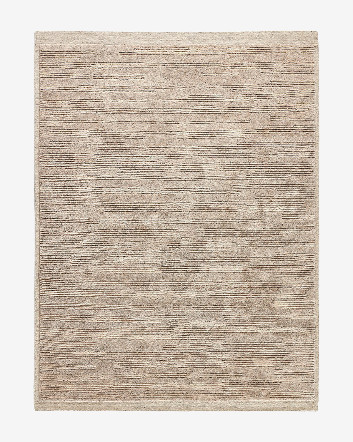 The Ashwin Hand-Knotted Wool Rug is a rectangular beige rug with a subtle linear textured pattern and a simple border, shown on a white background, by Vendixs