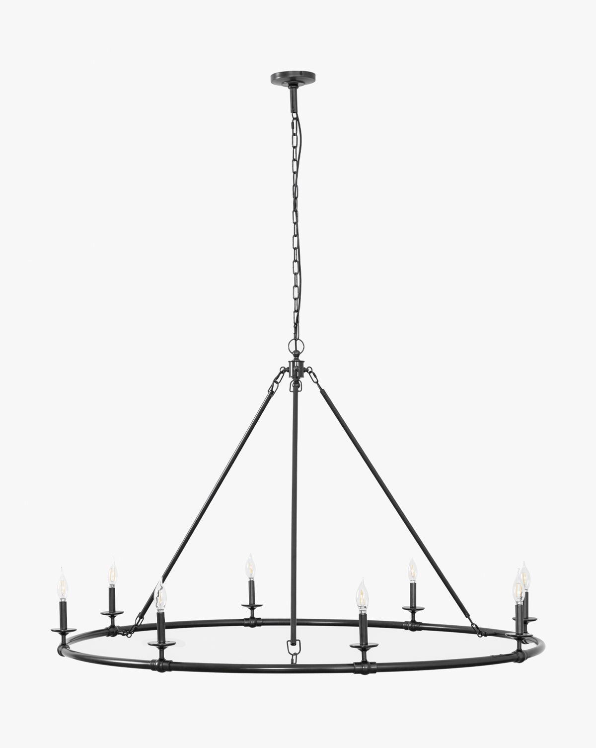 The Makerspalm Aurelia Ring Chandelier features a modern circular black metal frame with eight candle-style bulbs, suspended from the ceiling by chain and rods. Vendixs