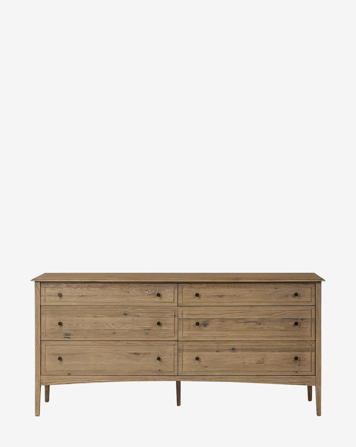 The Aurelian 6 Drawer Dresser features a smoked oak finish, natural accents, six spacious drawers in two rows, simple round knobs, and tapered legs for a sleek modern look with minimalist style, by Vendixs