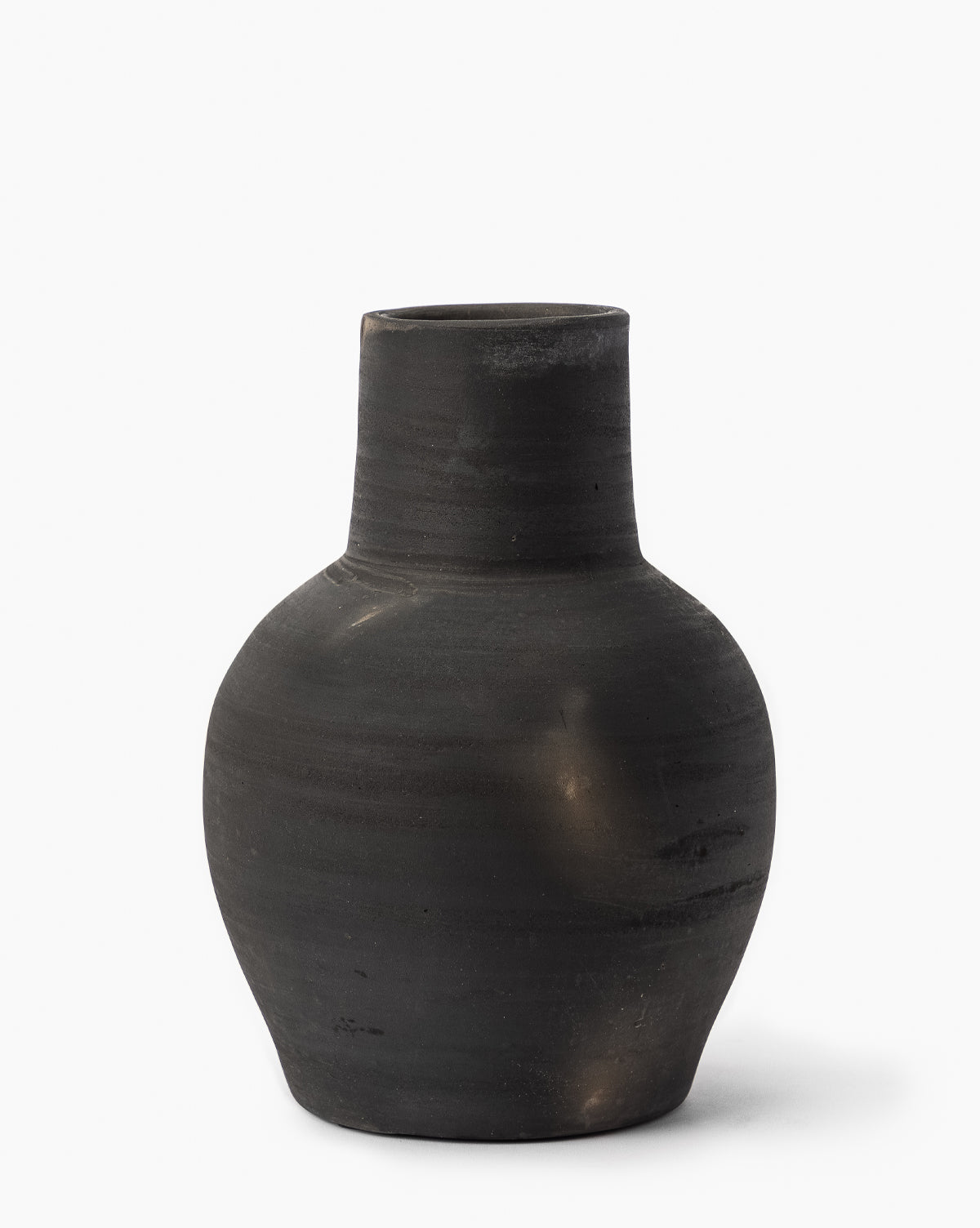 The Auster Distressed Vase is a matte black, vintage-inspired ceramic piece featuring a wide body and narrow cylindrical neck, shown against a plain white background, by Vendixs