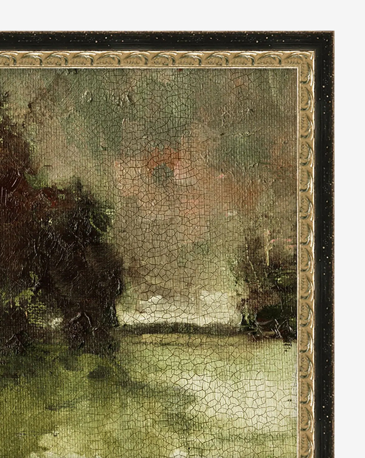 Close-up of Autumn Sky III by Michelle Roberts, a framed vintage-style wall art featuring a textured green and brown landscape with visible paint cracks and a gold decorative border inside a black frame, by Vendixs