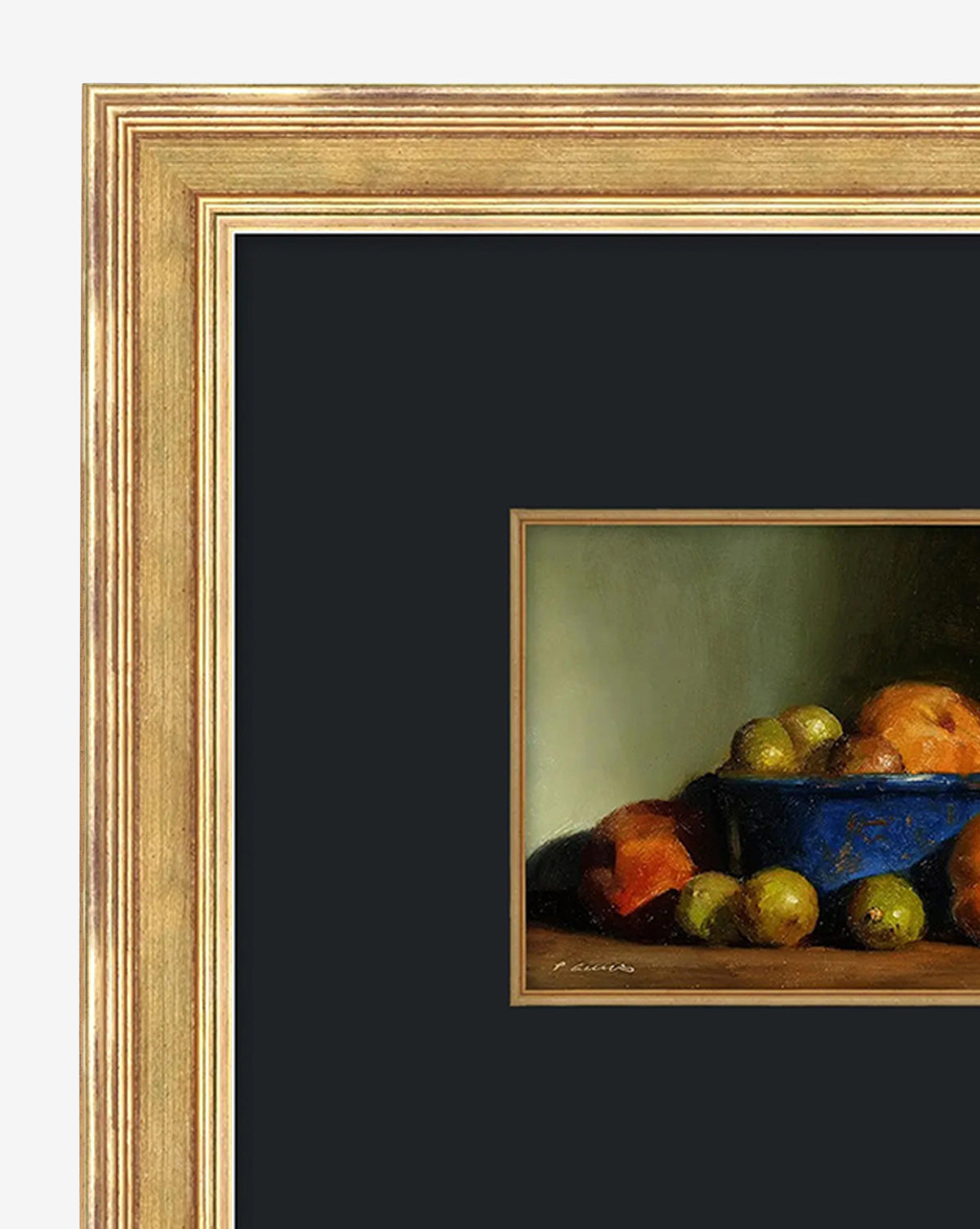 Autumns Bounty I by Pascal Giroud features a blue bowl with green and yellow fruit, surrounded by more fruit. Set in a wide gold frame with black mat, this striking wall art is perfect for enhancing your home decor, by Vendixs