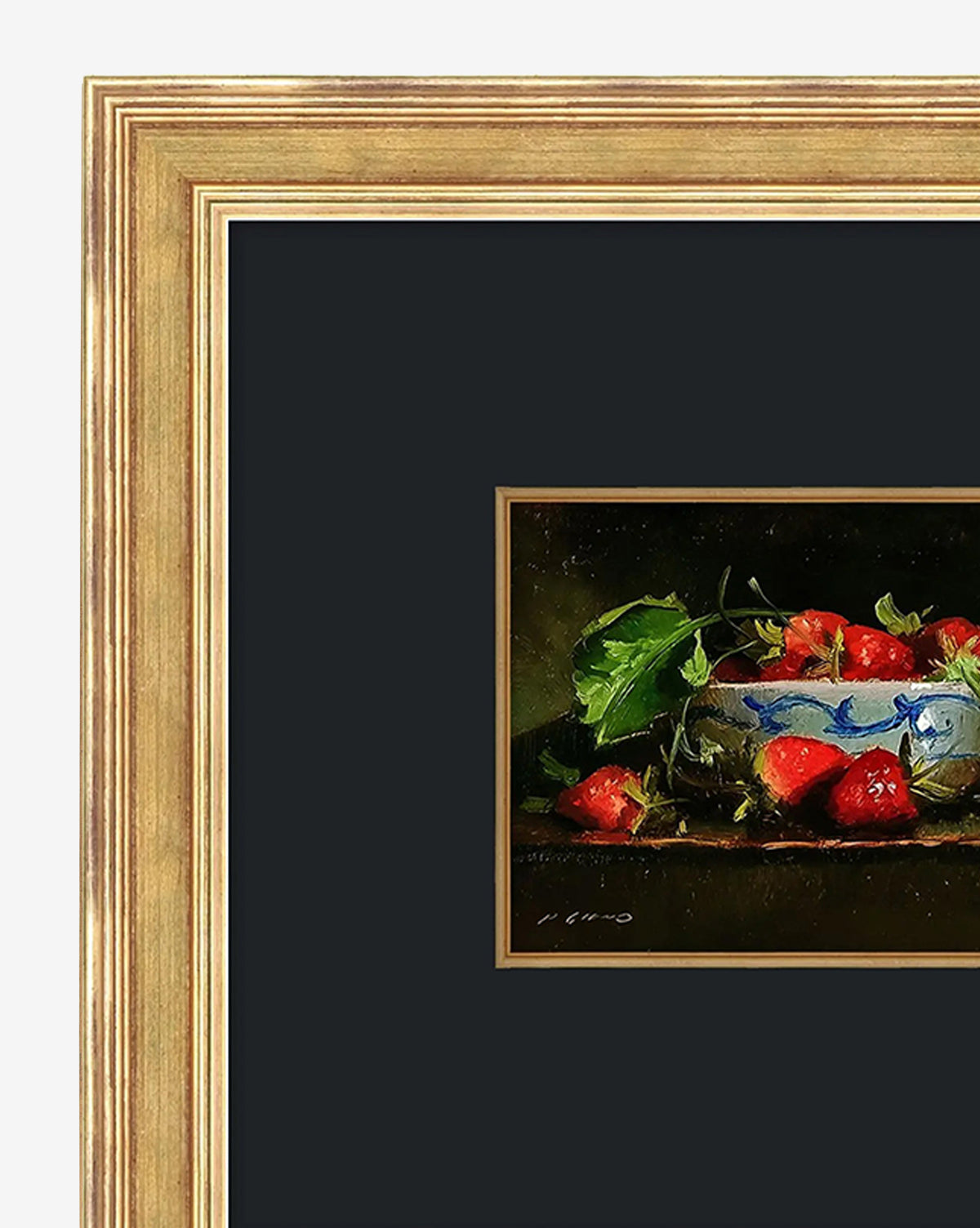 Autumn’s Bounty II by Pascal Giroud: Framed still life wall art featuring strawberries and a blue-and-white bowl on a dark background, finished with a wide gold-toned frame and black mat, by Vendixs