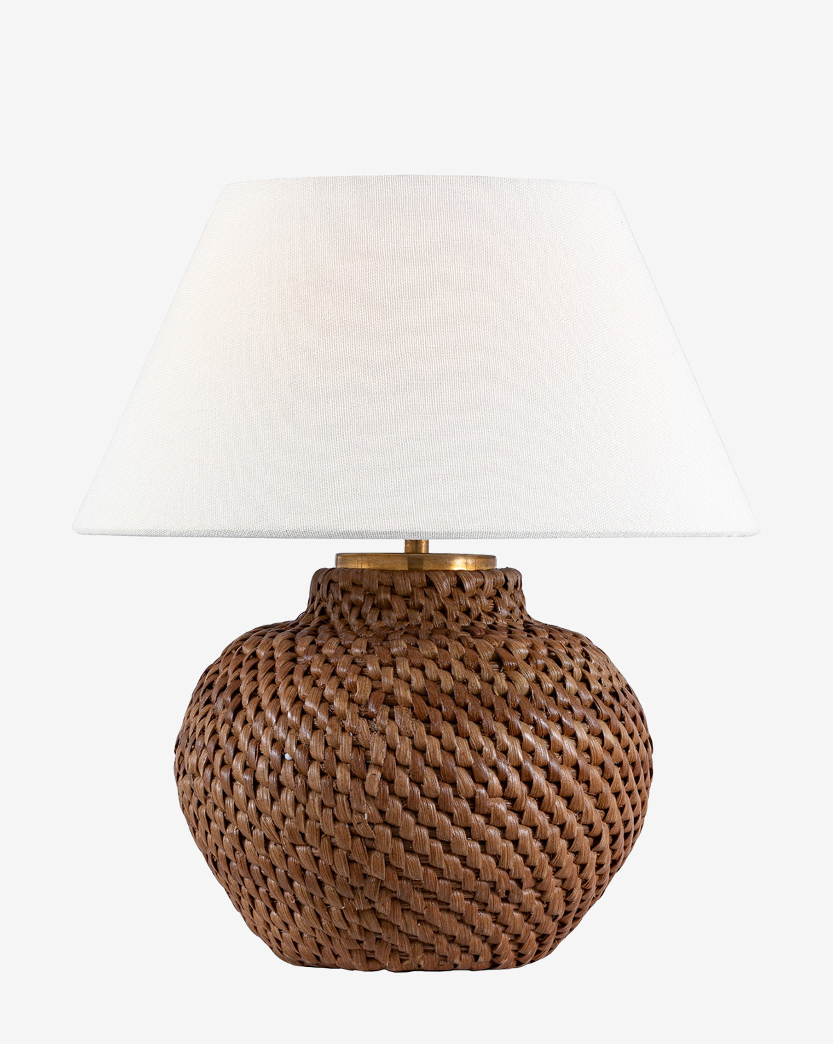 The Avedon Cordless Accent Lamp by Visual Comfort & Co. Signature features a woven natural rattan base and wide white fabric shade, creating a stylish accent against a plain white background. Vendixs
