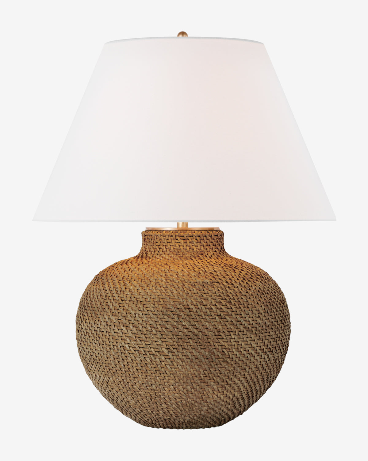 The Avedon Table Lamp has a round, textured rattan base with a large white linen shade, shown against a plain white background by Vendixs