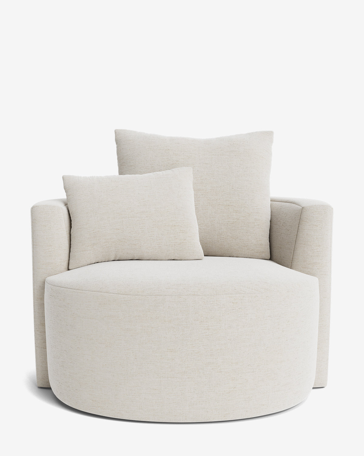 The Banbury Swivel Chair is a modern, oversized cream-colored chair with a rounded seat, short arms, and two matching cushions—one large and one small—shown against a plain white background by McGee & Co.