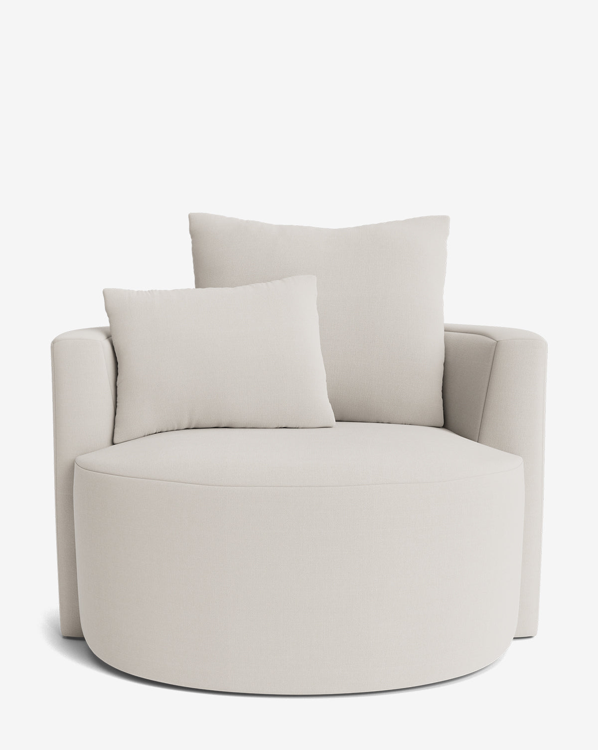 The Banbury Swivel Chair is a modern, oversized beige upholstered chair with curved armrests and two matching cushions, shown against a plain white background by McGee & Co.