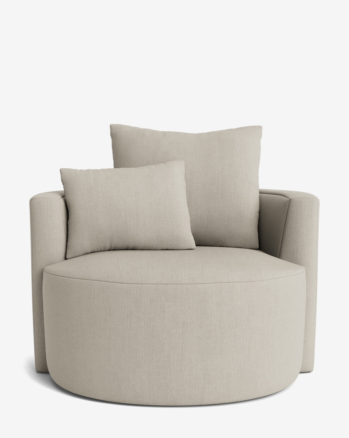 The Banbury Swivel Chair is a modern, light beige upholstered chair with a rounded base and two matching back cushions, shown against a plain white background by McGee & Co.