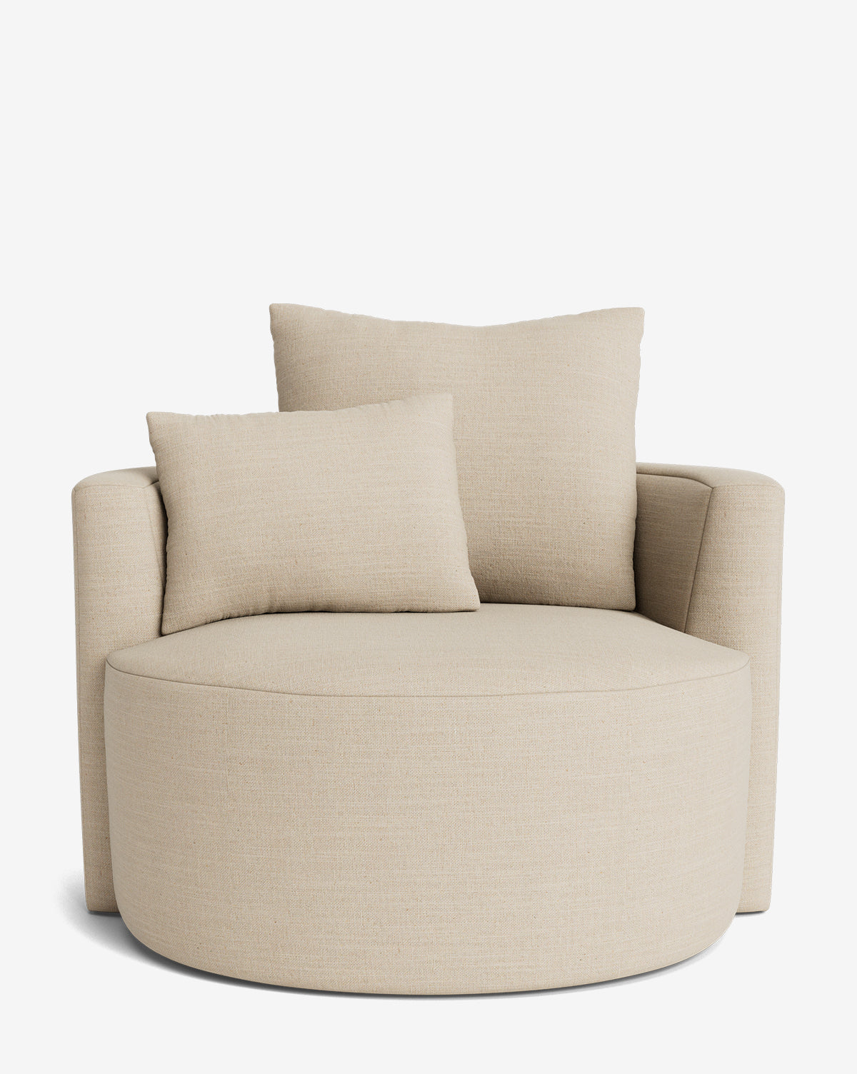The Banbury Swivel Chair is a modern, oversized beige luxury chair featuring a rounded seat, curved arms, and two matching beige cushions, all set against a plain white background by McGee & Co.