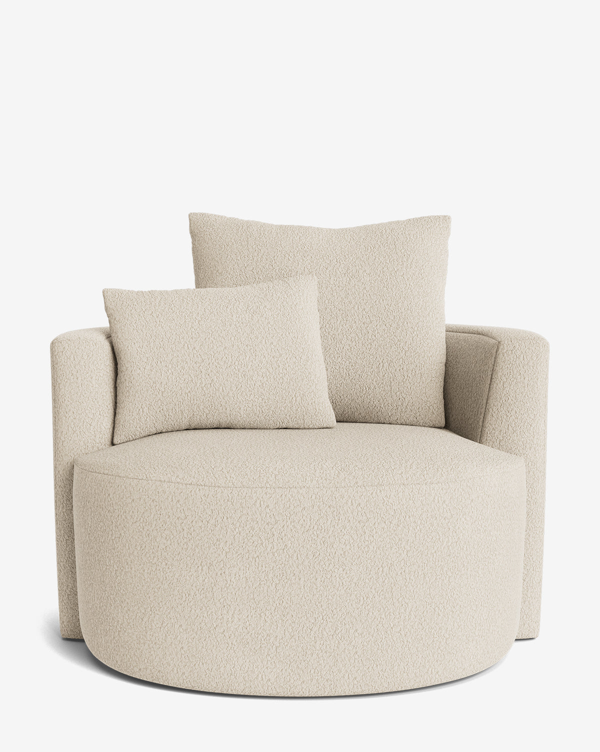 The Banbury Swivel Chair is a modern, oversized cream upholstered chair with curved arms, a round seat, and two matching textured cushions, shown against a plain white background by McGee & Co.