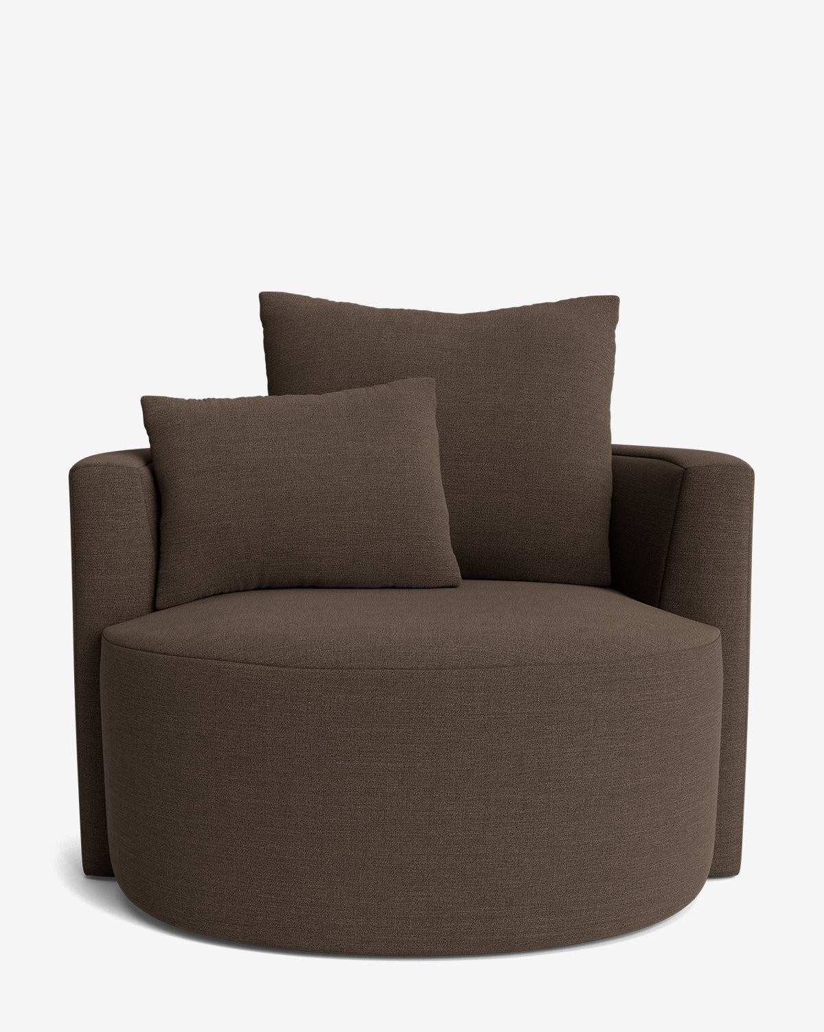 The Banbury Swivel Chair is a modern, round, dark brown upholstered chair featuring curved arms and two matching back cushions, shown against a plain white background by McGee & Co.