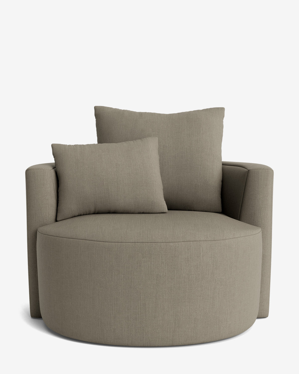 The Banbury Swivel Chair is a modern, round chair in taupe with textured fabric upholstery and two large matching cushions, showcased against a plain white background by McGee & Co.