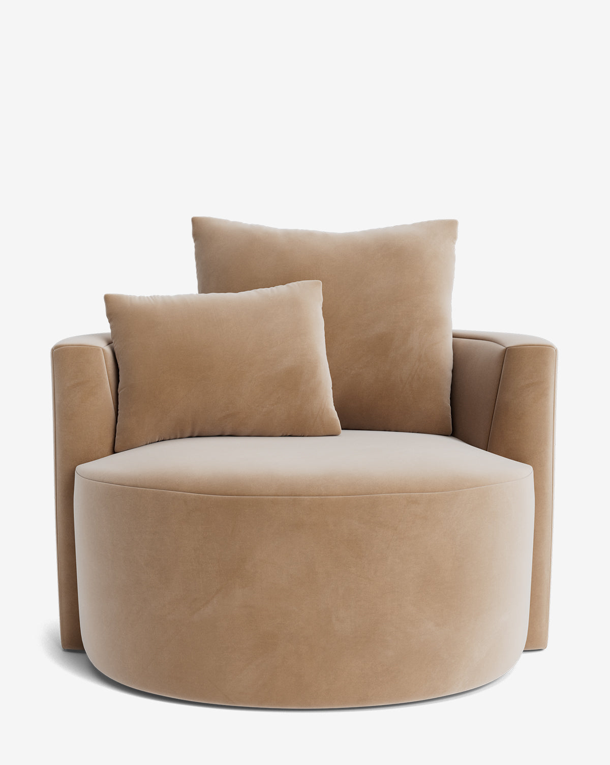 The Banbury Swivel Chair boasts a modern, wide design with tan velvet upholstery, rounded edges, and comes with two matching plush cushions, shown here against a plain white background by McGee & Co.