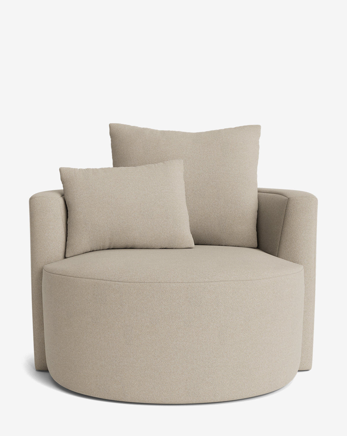 The Banbury Swivel Chair is a modern, oversized beige upholstered seat with rounded edges and two matching rectangular cushions, offering a soft, stylish, and comfortable look against a white background by McGee & Co.