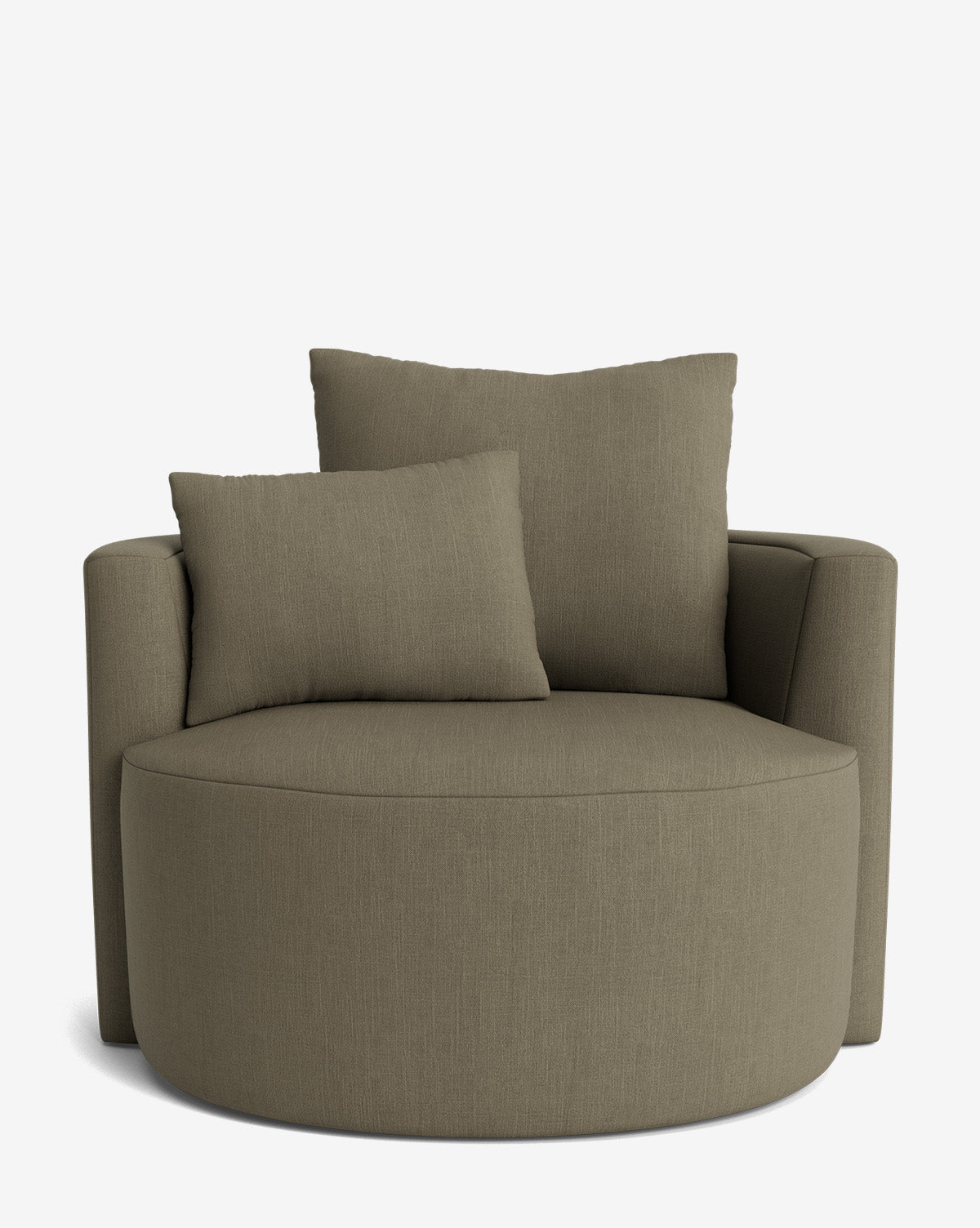 The Banbury Swivel Chair is a modern, round olive-green luxury chair with a curved backrest, soft fabric upholstery, and two matching cushions, shown against a plain white background by McGee & Co.
