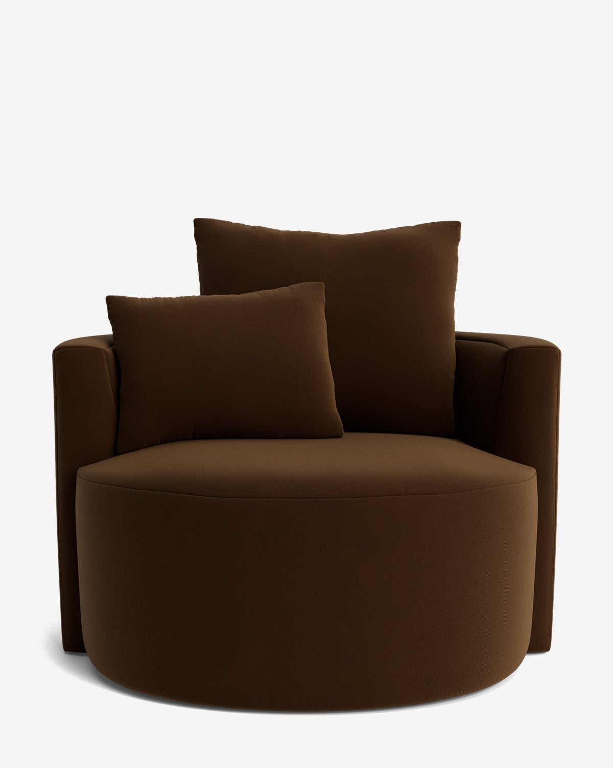 The Banbury Swivel Chair is a modern, oversized brown upholstered chair with rounded edges and two matching brown cushions (one large, one medium), shown against a plain white background by McGee & Co.