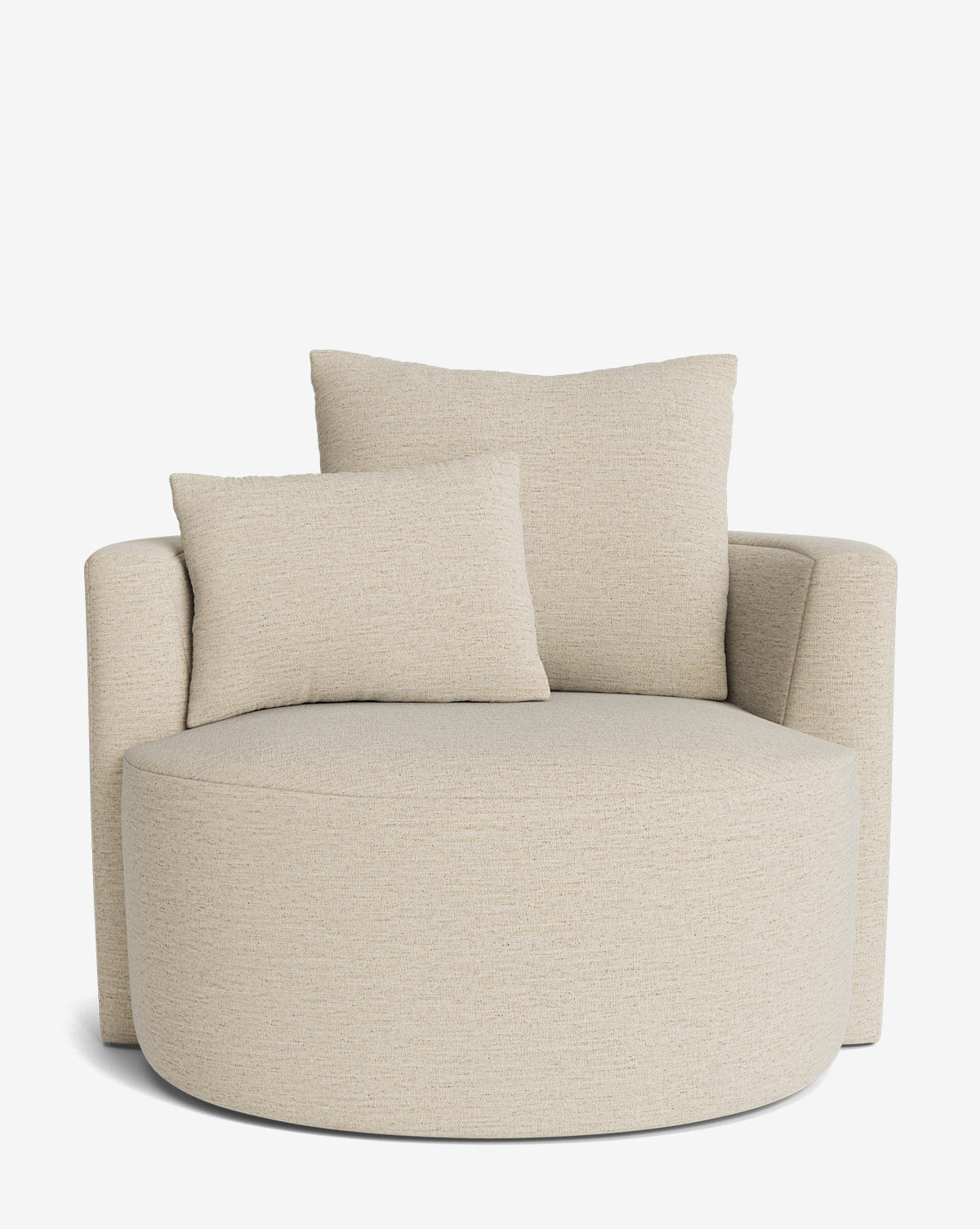 The Banbury Swivel Chair is a large, round luxury seat in beige fabric with two matching cushions, shown against a plain white background by McGee & Co.