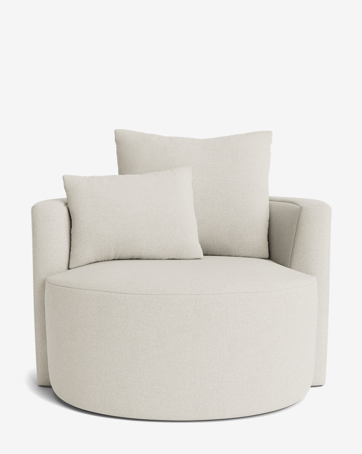 The Banbury Swivel Chair is a modern, oversized off-white seat with a rounded design, low arms, and two plush matching back cushions, shown against a plain white background by McGee & Co.