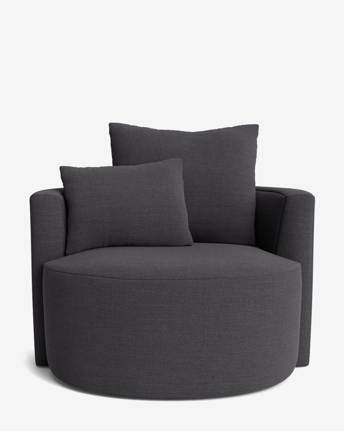 The Banbury Swivel Chair is a modern, dark gray luxury chair with rounded edges and two matching cushions—one large and one medium-sized—shown against a plain white background by McGee & Co.