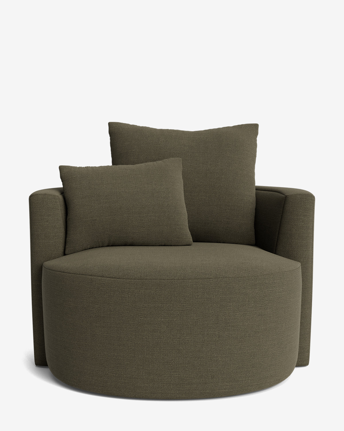 The Banbury Swivel Chair is a round, olive-green upholstered chair with two matching square cushions—one large and one medium—shown against a plain white background by McGee & Co.