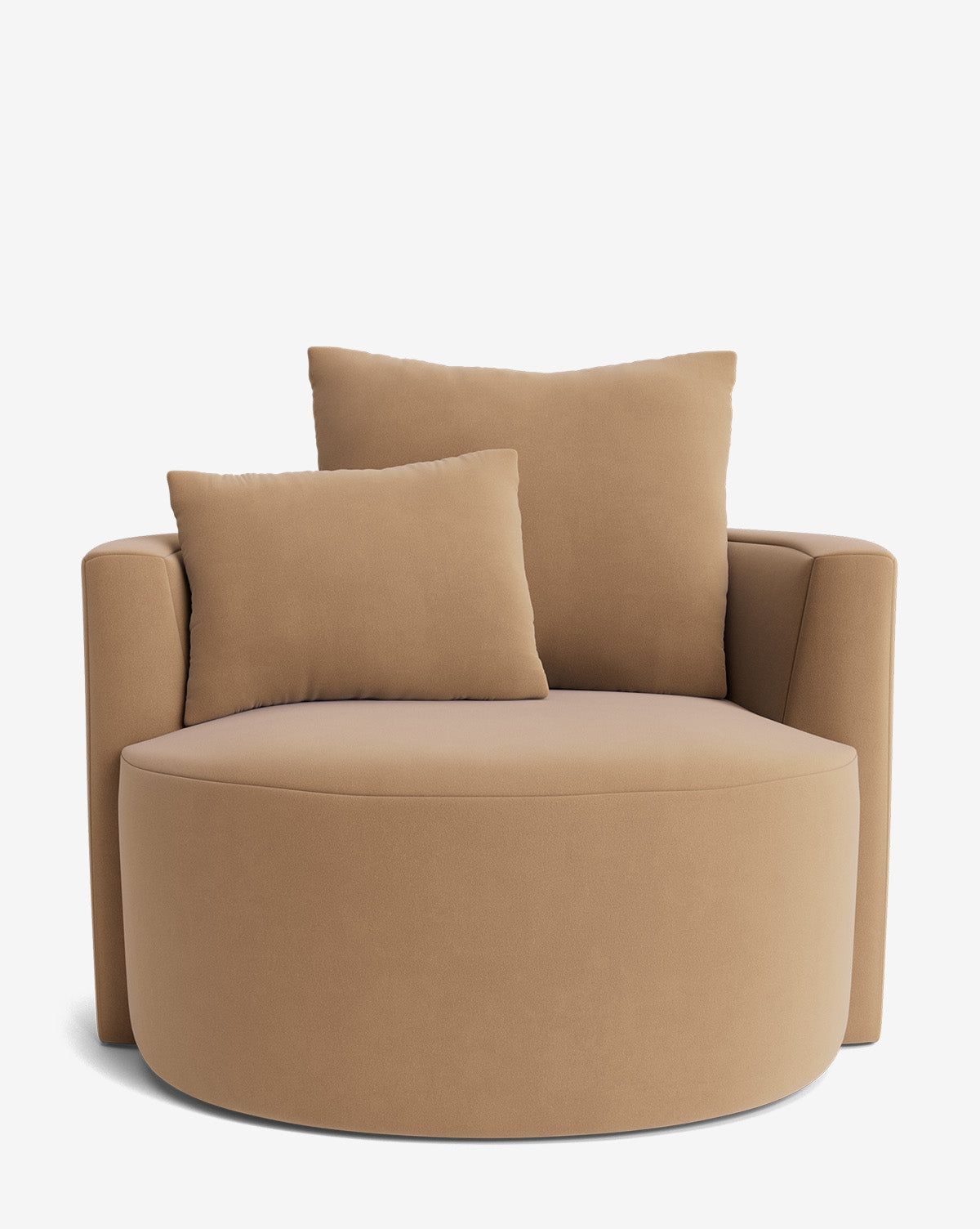 The Banbury Swivel Chair is a modern, oversized tan luxury chair with a rounded seat and two matching cushions, shown against a plain white background by Vendixs