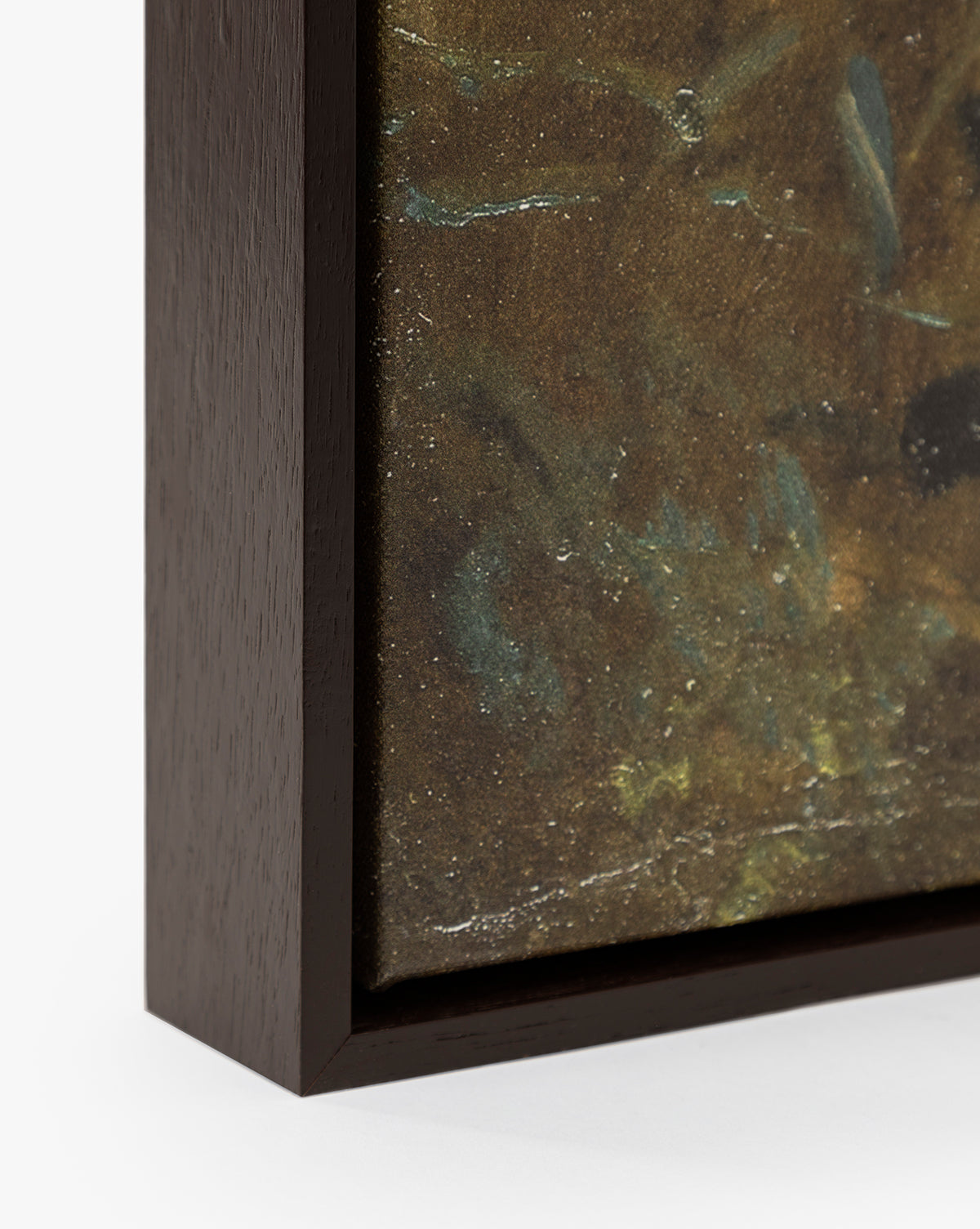Close-up of Bank Grasses, a gallery-wrapped giclee on canvas with a dark brown wooden frame, showcasing textured, abstract brushstrokes in muted green, brown, and blue tones by Vendixs