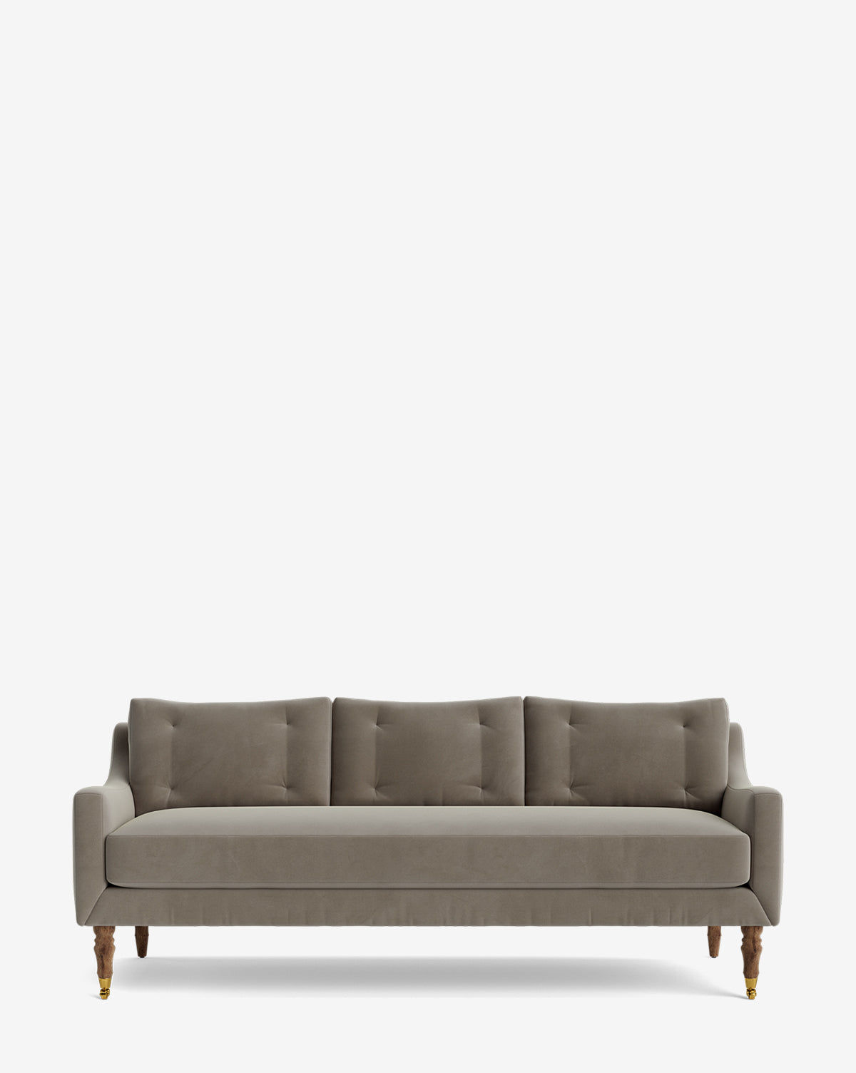 The Barden Sofa 84 showcases a modern taupe design with three seat and back cushions, slim armrests, and reeded wood legs accented with brass, all displayed against a plain white background, by Vendixs