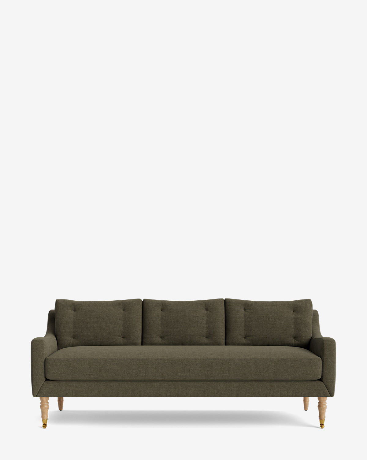 The Barden Sofa 84 in dark olive green features three tufted back cushions and light reeded wood legs, displayed against a plain white background, by Vendixs