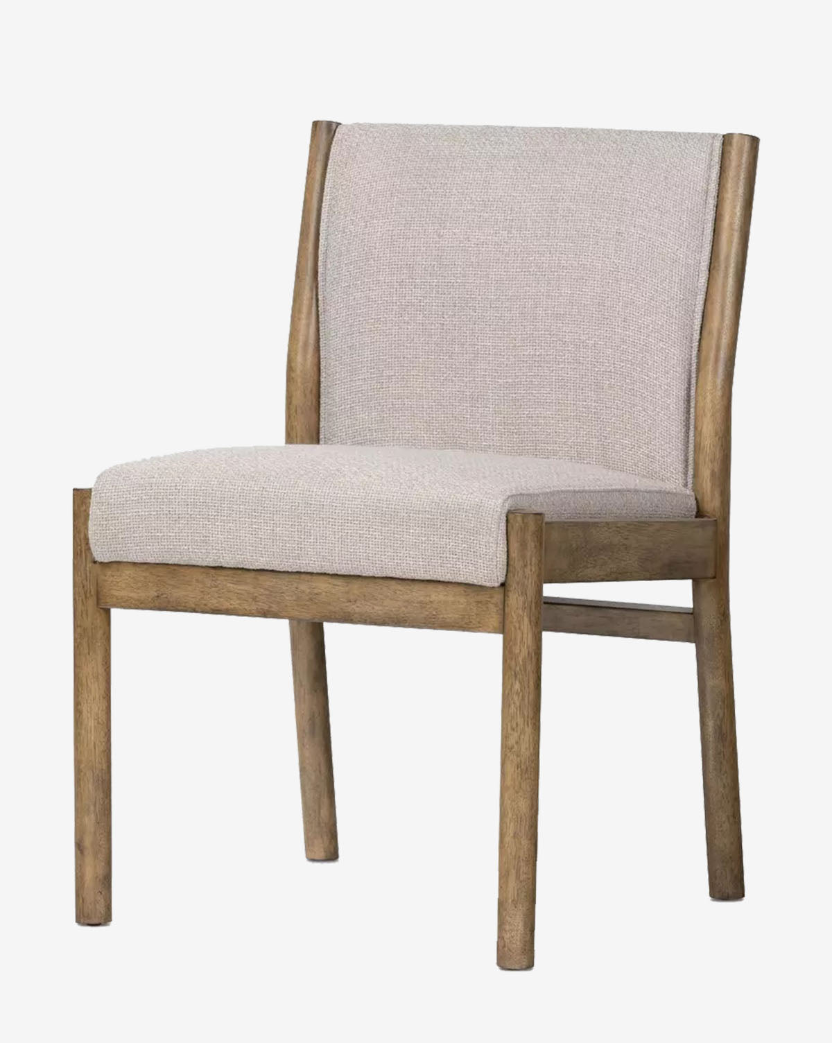 The Bardot Dining Chair has a parawood frame, light beige high-performance fabric seat and backrest, straight legs, and a natural wood finish for a simple, modern look, by Vendixs