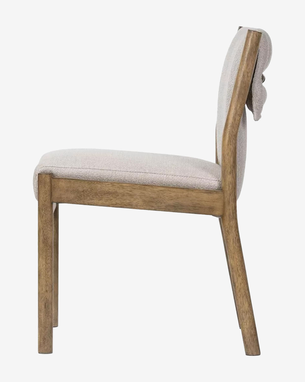 Side view of the Bardot Dining Chair featuring a cushioned seat and backrest in high-performance fabric, an armless design with clean lines, and a durable parawood frame, by Vendixs